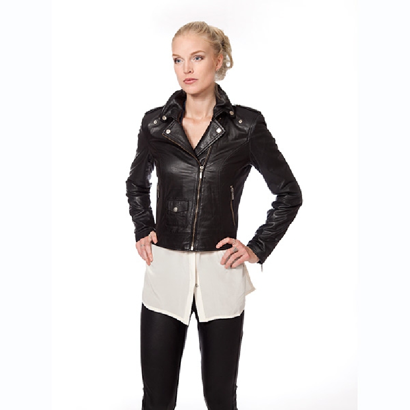 sort dame skindjakke i bikerlook - Freja skind