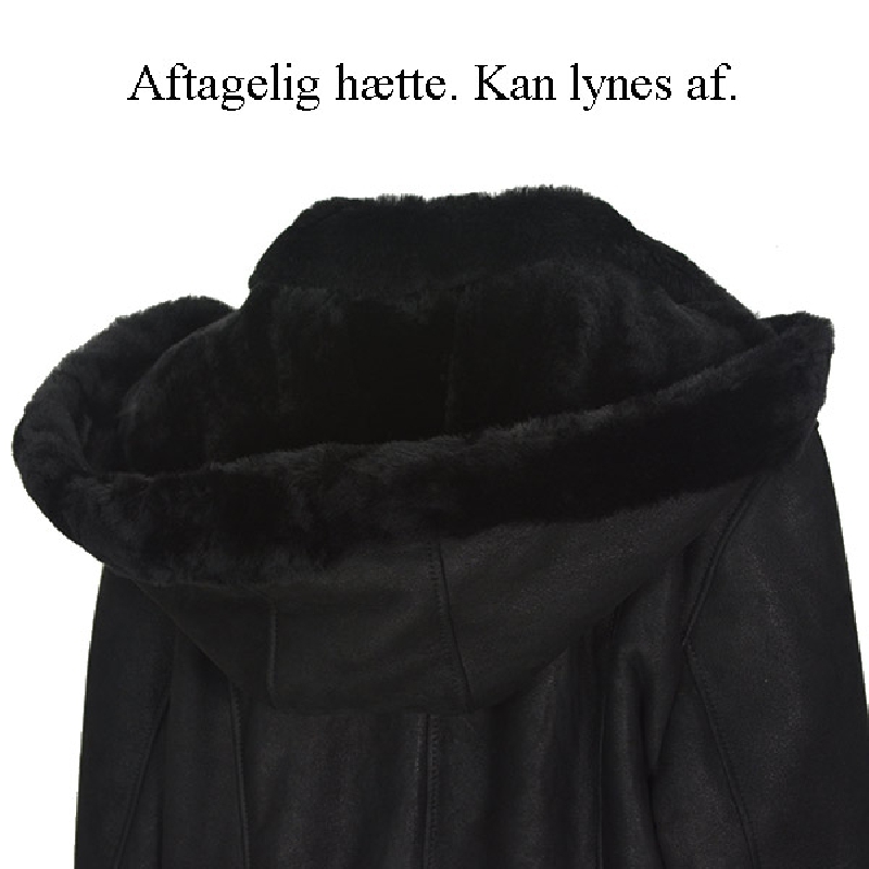 Dame rulamsjakke - Sort - knælang - aft hætte - Freja skind