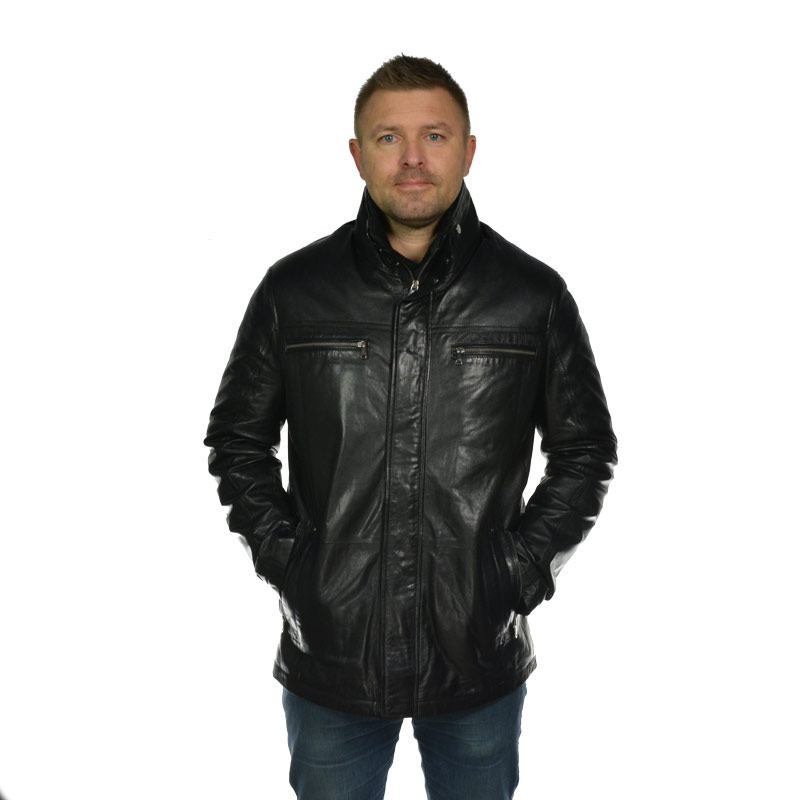 Vinterjacka i svart skinn - Avtagbart foder - Varm mellanlång modell - Herr