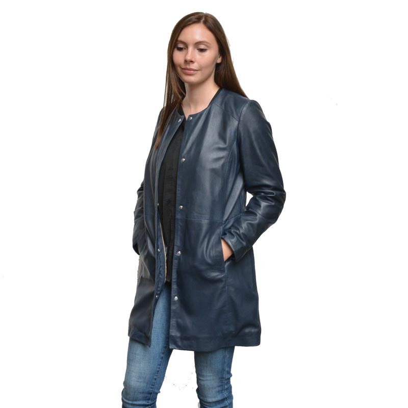 Mellemlang skindjakke - Blå overgangsjakke - Carina