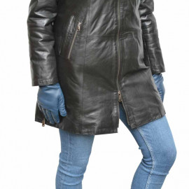 svart skinnjacka med aft-foder och huva - Medellång skinnjacka