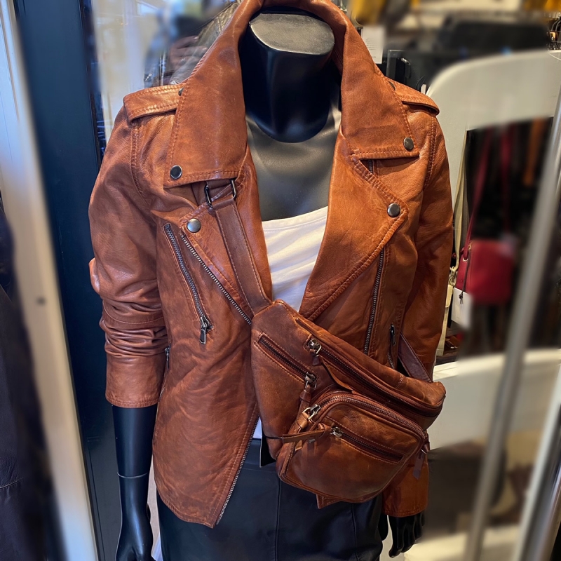 dame læderjakke biker - Cognac - blød skind - style 1055