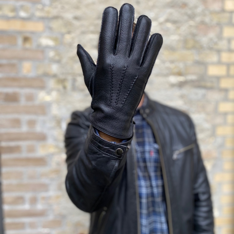 Fingerhandske til mænd - Blød sort gedeskind med strikfoer af uld - Claude - Levinsky