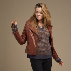 dame læderjakke biker - Cognac - blød skind - style 1055