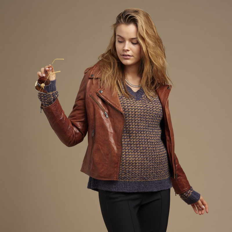 dame læderjakke biker - Cognac - blød skind - style 1055