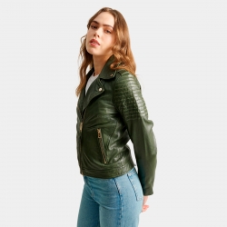 Cinnamon dame bikerjakke i grøn skind - Rock and blue - Freja skind